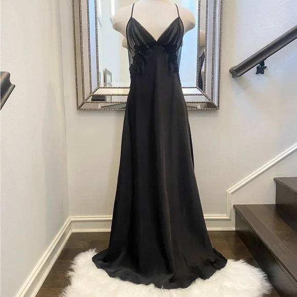 🌺SOLD🌺 Y2K Frederick’s of Hollywood Silky Sheer Black Maxi Gown Slip Dress - Picture 9 of 10